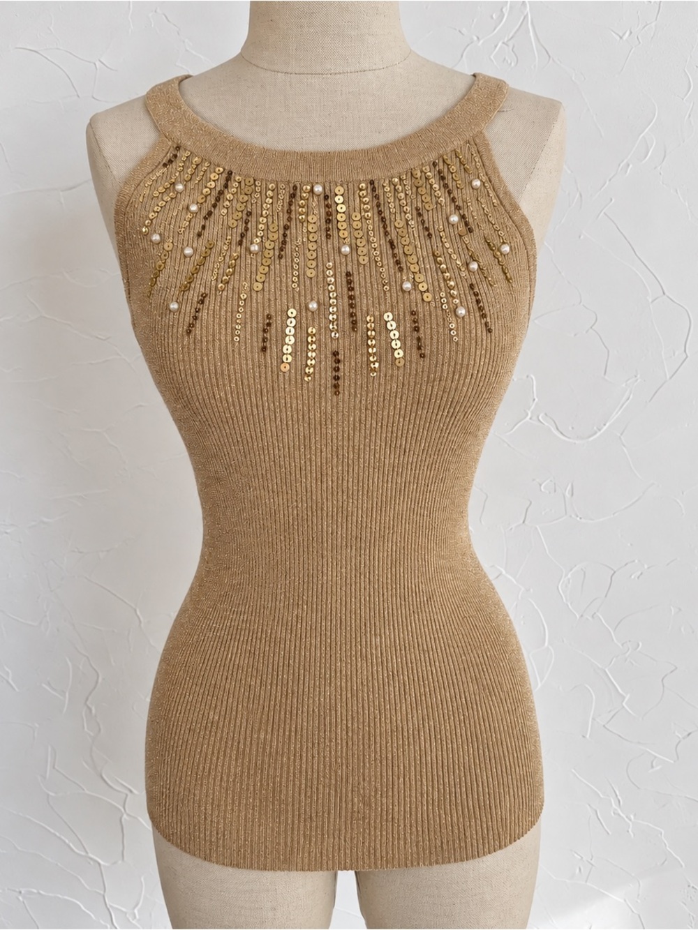 Cache Gold Camel Sequin-Embellished Ribbed Tank